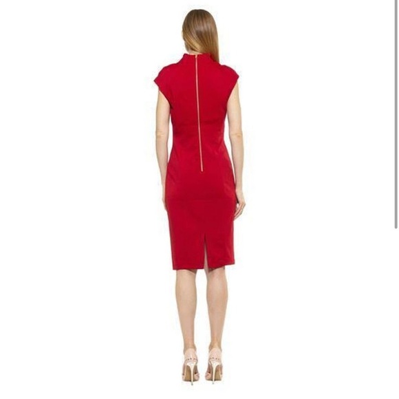 NWT!! Neiman Marcus Women's Red V-Neck Cap Sleeve Midi Dress Size L Gold Zipper - Picture 2 of 16